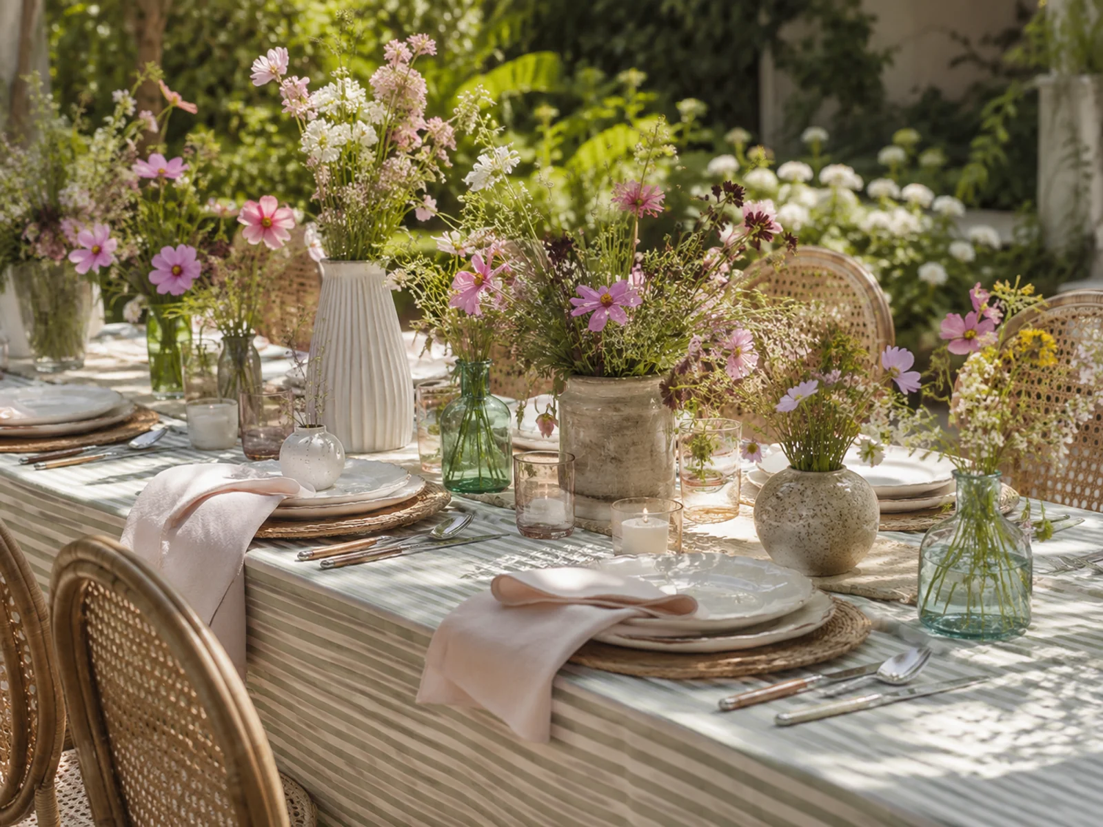 Garden-party themed bridal shower table setting with striped linen and wildflowers