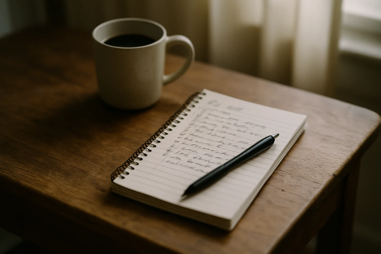 Wooden desk with a handwritten task list, coffee, and a pen