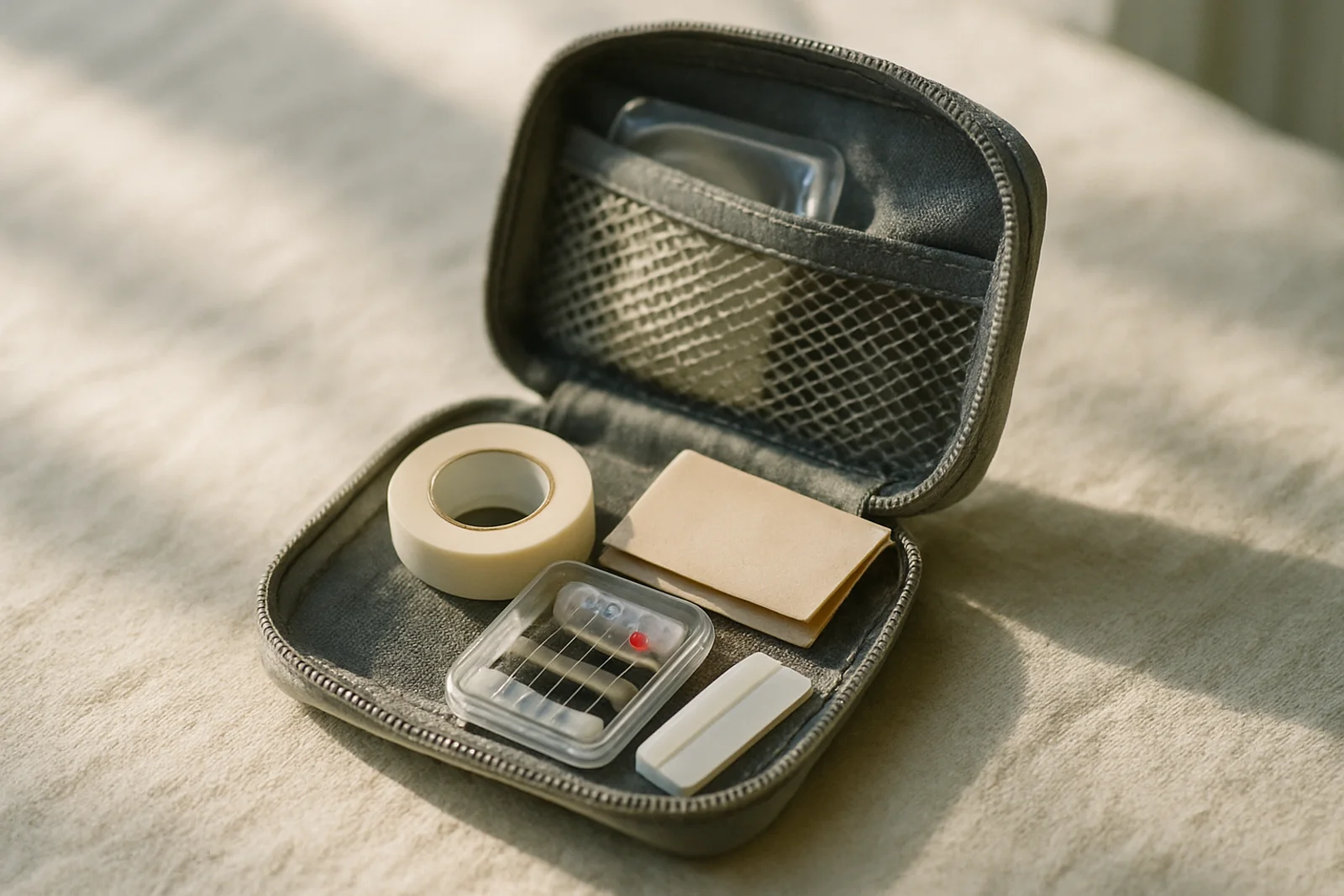 Compact travel emergency kit pouch with tape, blotting papers, and a sewing kit