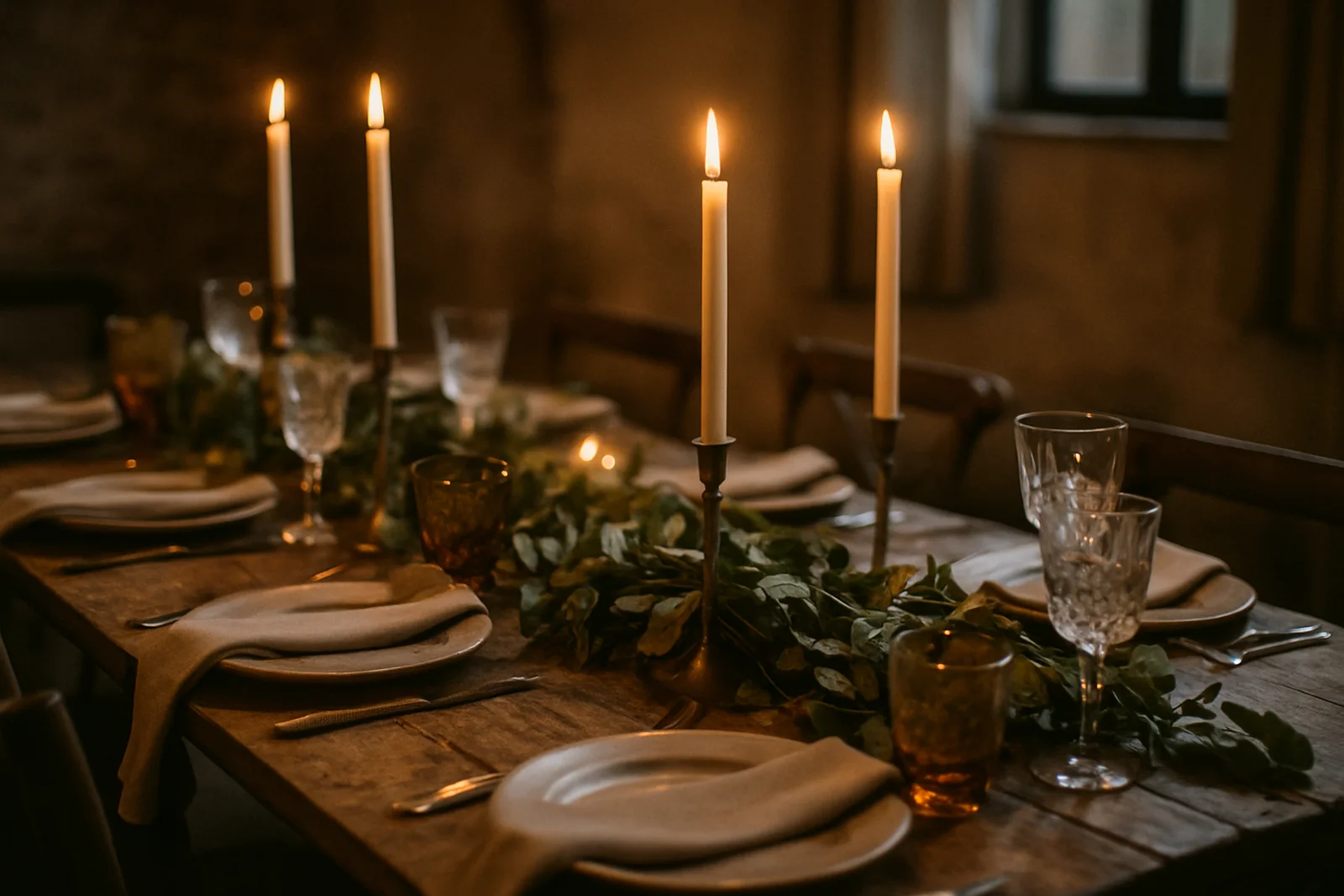 Intimate rehearsal dinner table set with taper candles and vintage glassware