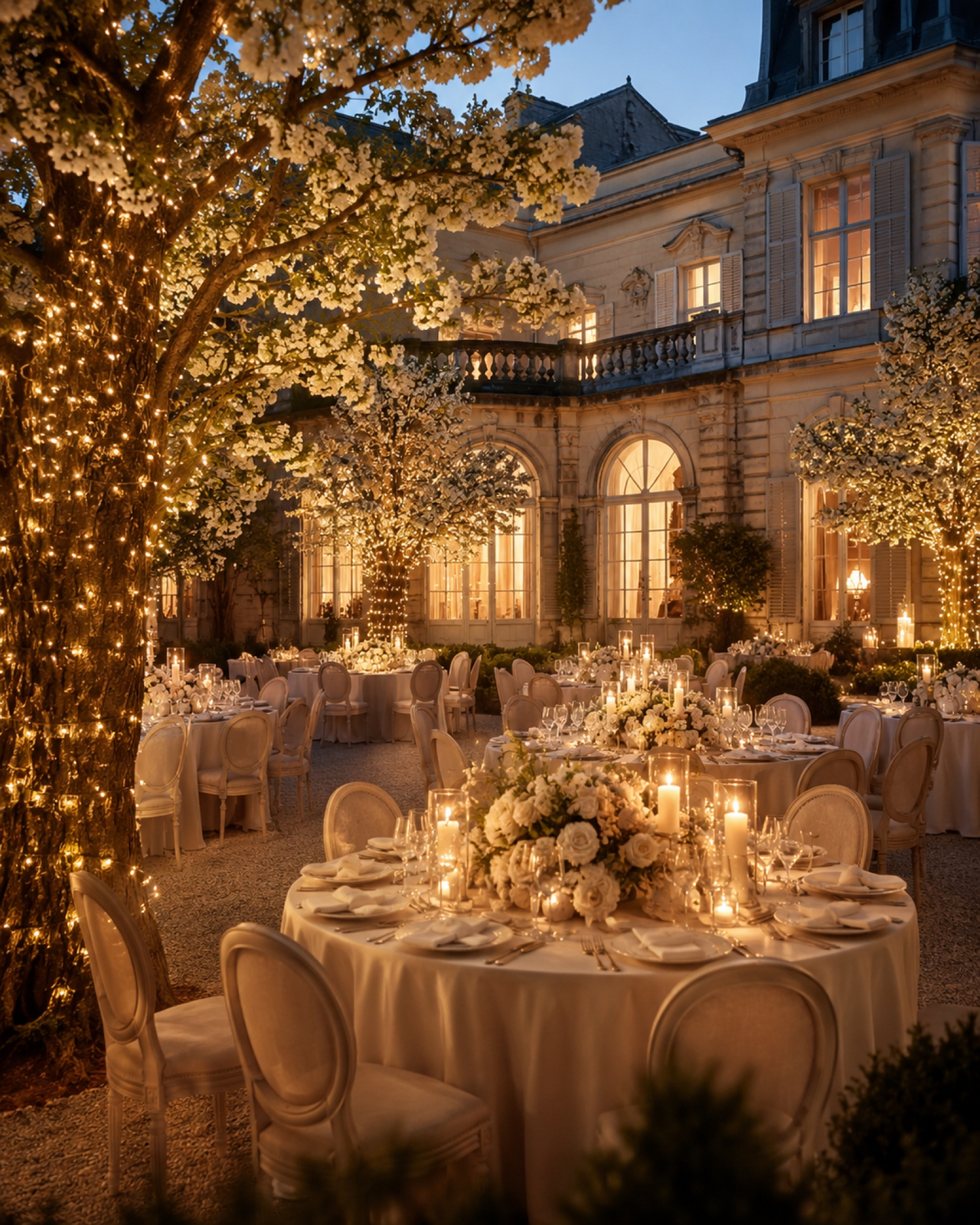 Elegant candlelit reception table with fine china and soft floral accents