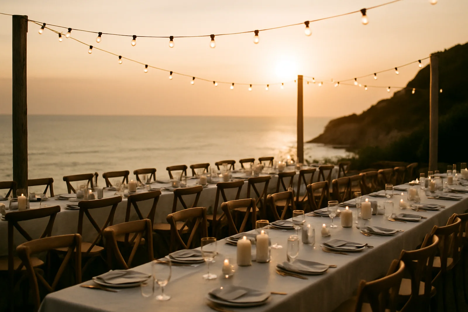 Outdoor destination wedding reception on a cliffside terrace overlooking the ocean