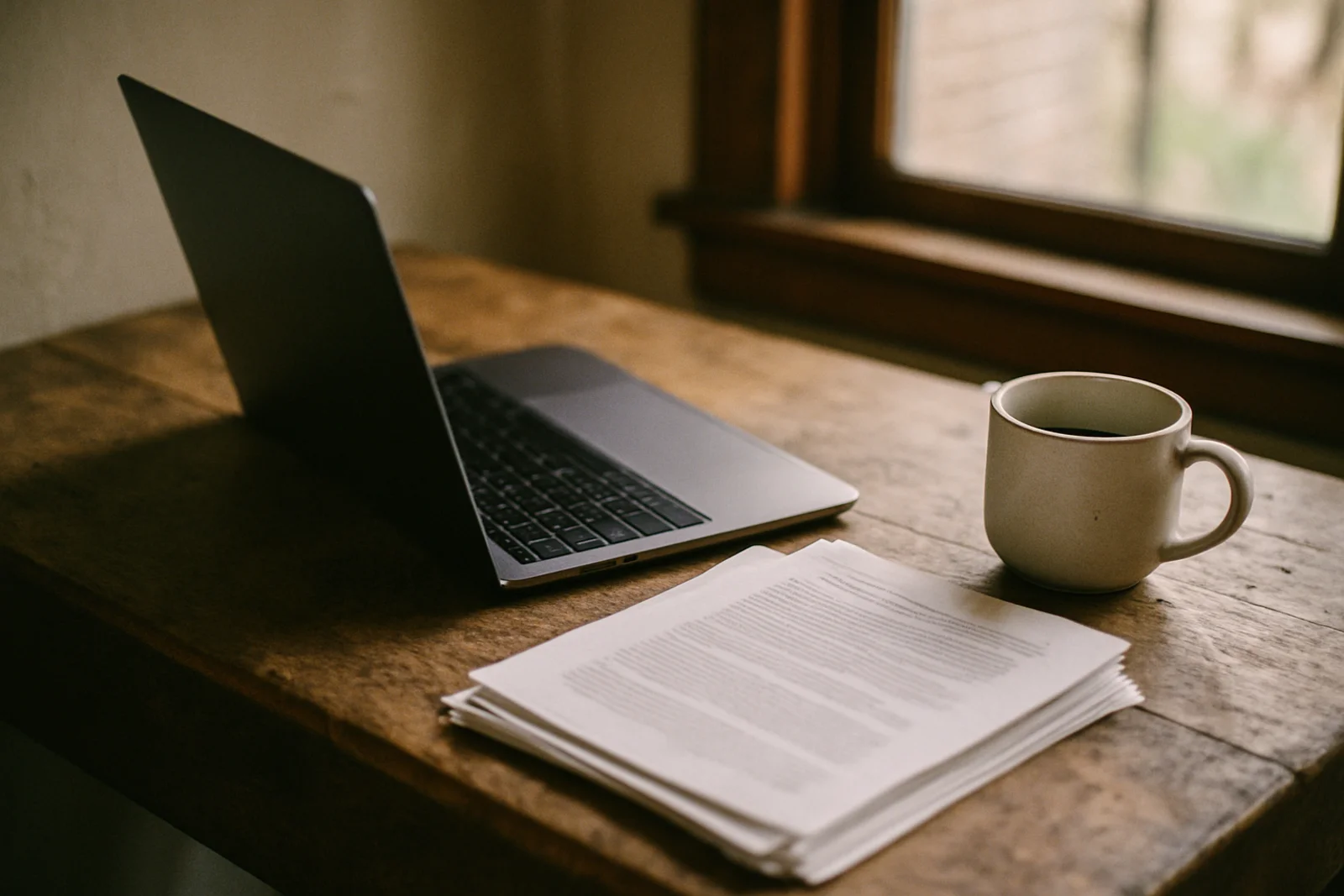 Laptop open on a rustic desk beside printed papers and a coffee mug