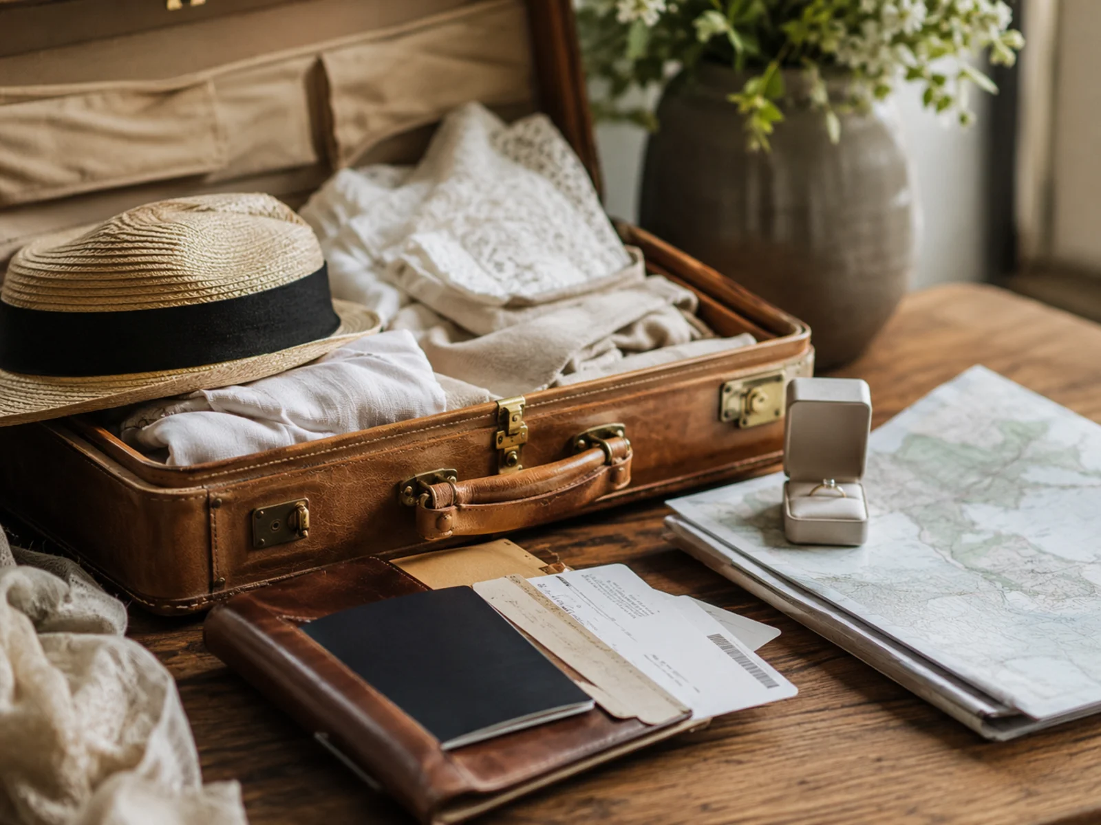 Suitcase packed for a destination wedding with travel documents and a ring box
