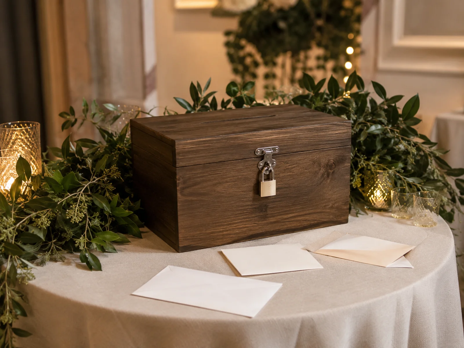 Wedding card table with a locked wooden card box and greenery