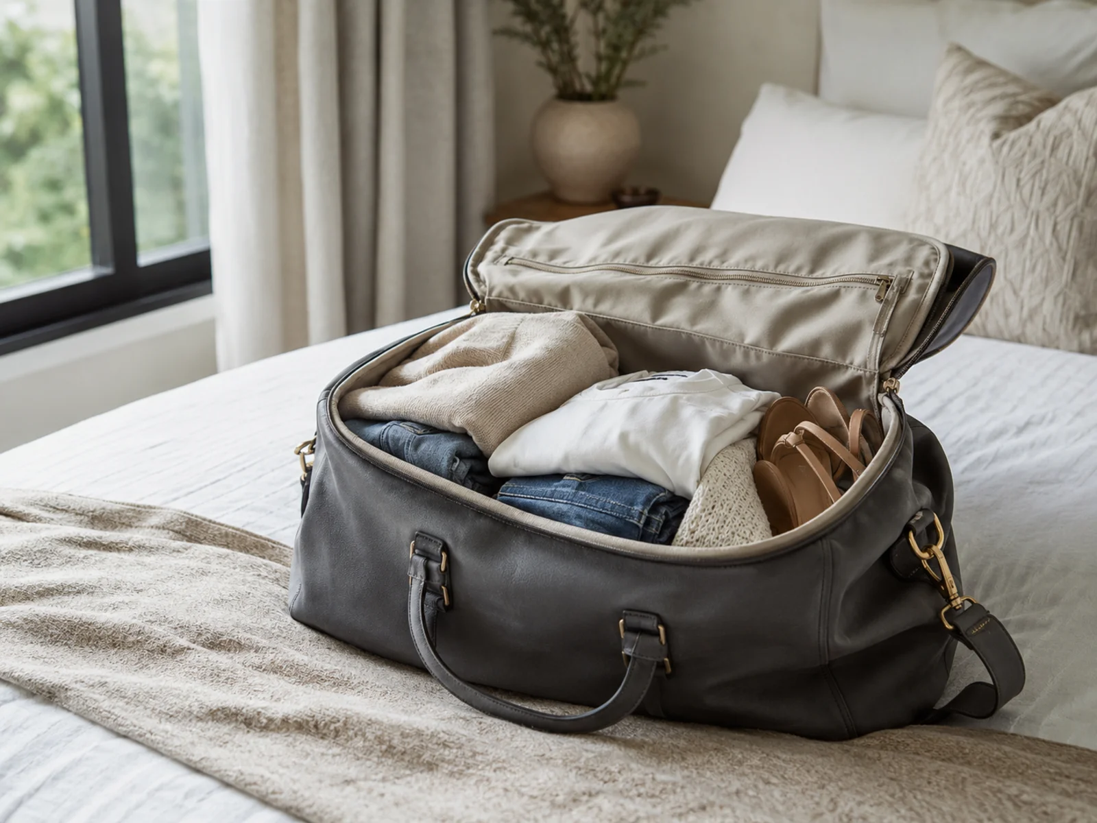 Open overnight travel bag packed with folded clothes and shoes