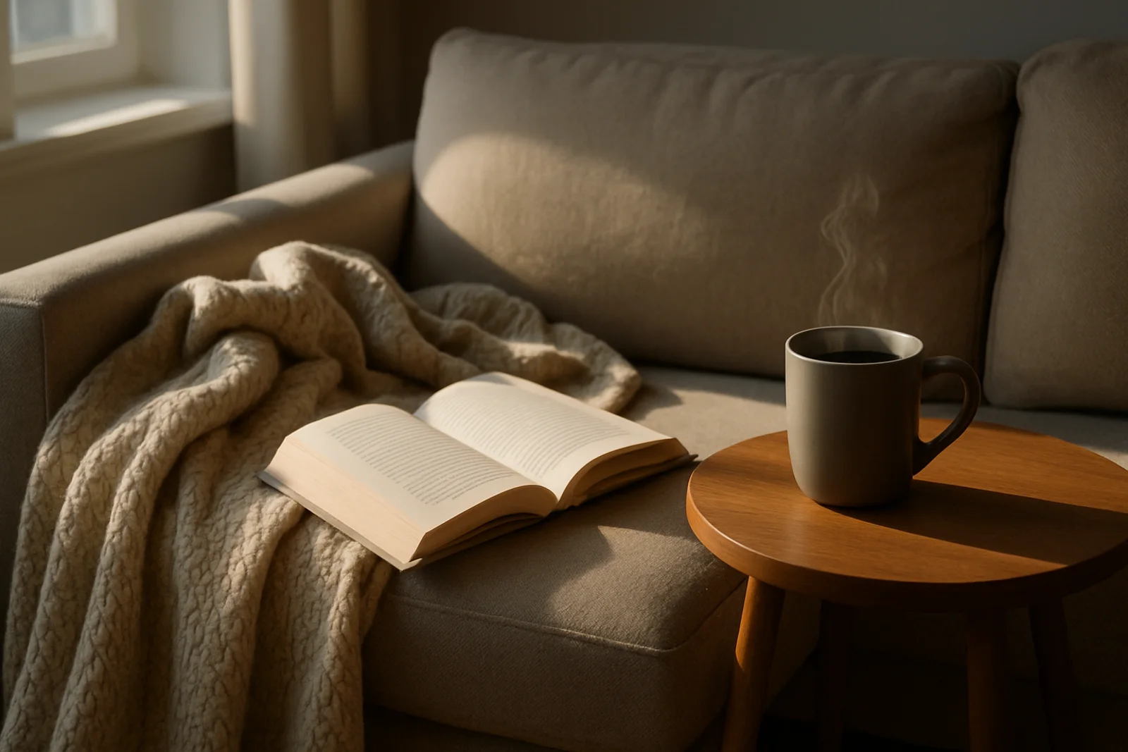 Relaxed sunlit couch scene with a knit blanket, a mug of coffee, and a half-open book