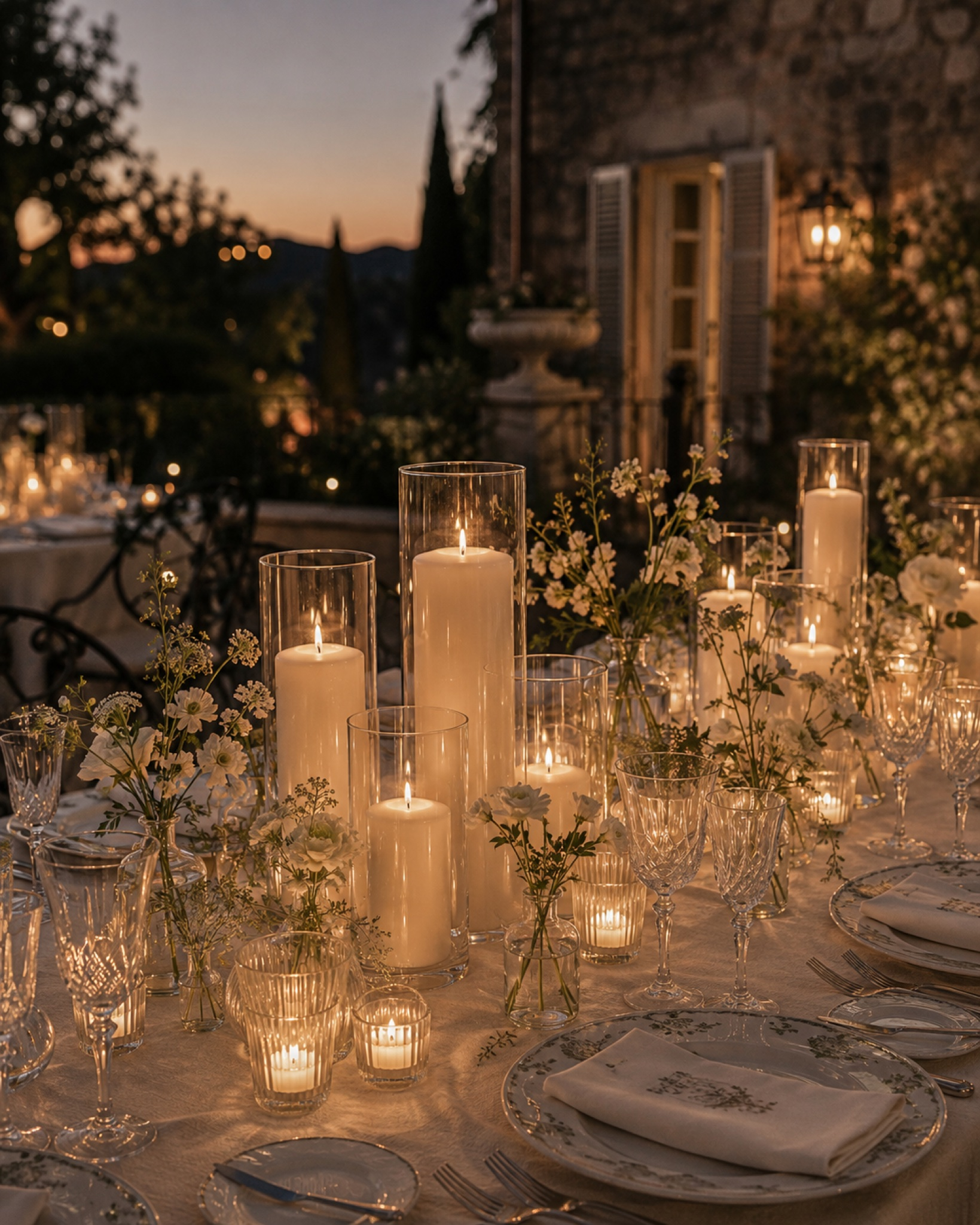 Candlelit outdoor wedding reception tablescape with white florals