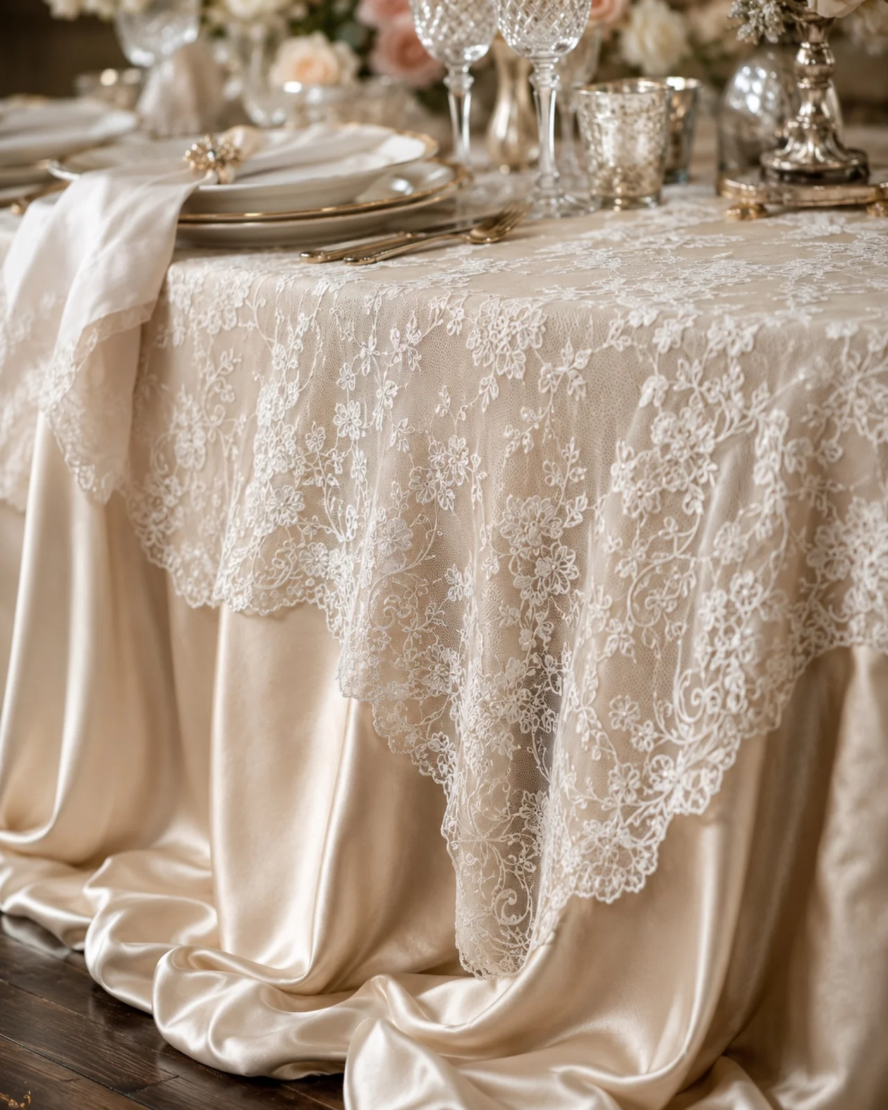Lace-trimmed linen and place setting on a reception table