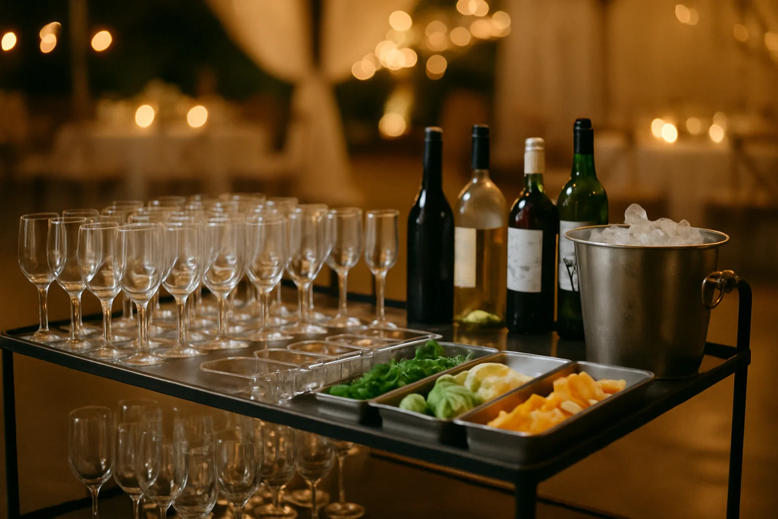 Fully stocked wedding bar cart with rows of glassware and an ice bucket