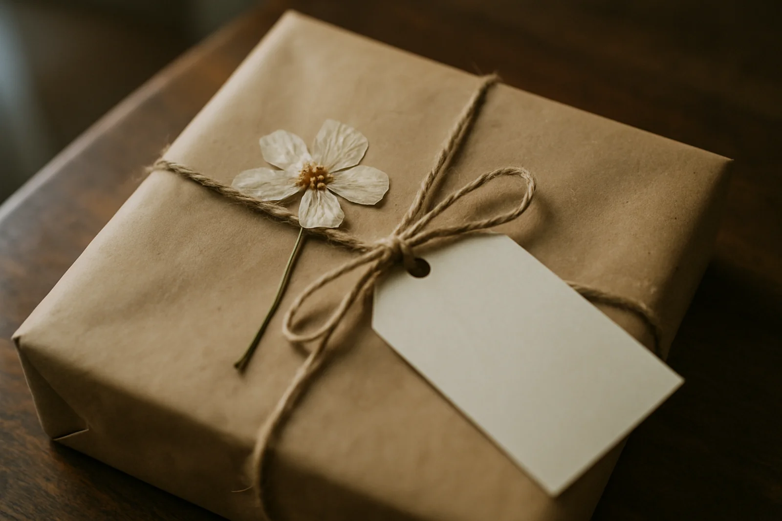 Handmade wedding gift wrapping detail with kraft paper and a pressed flower