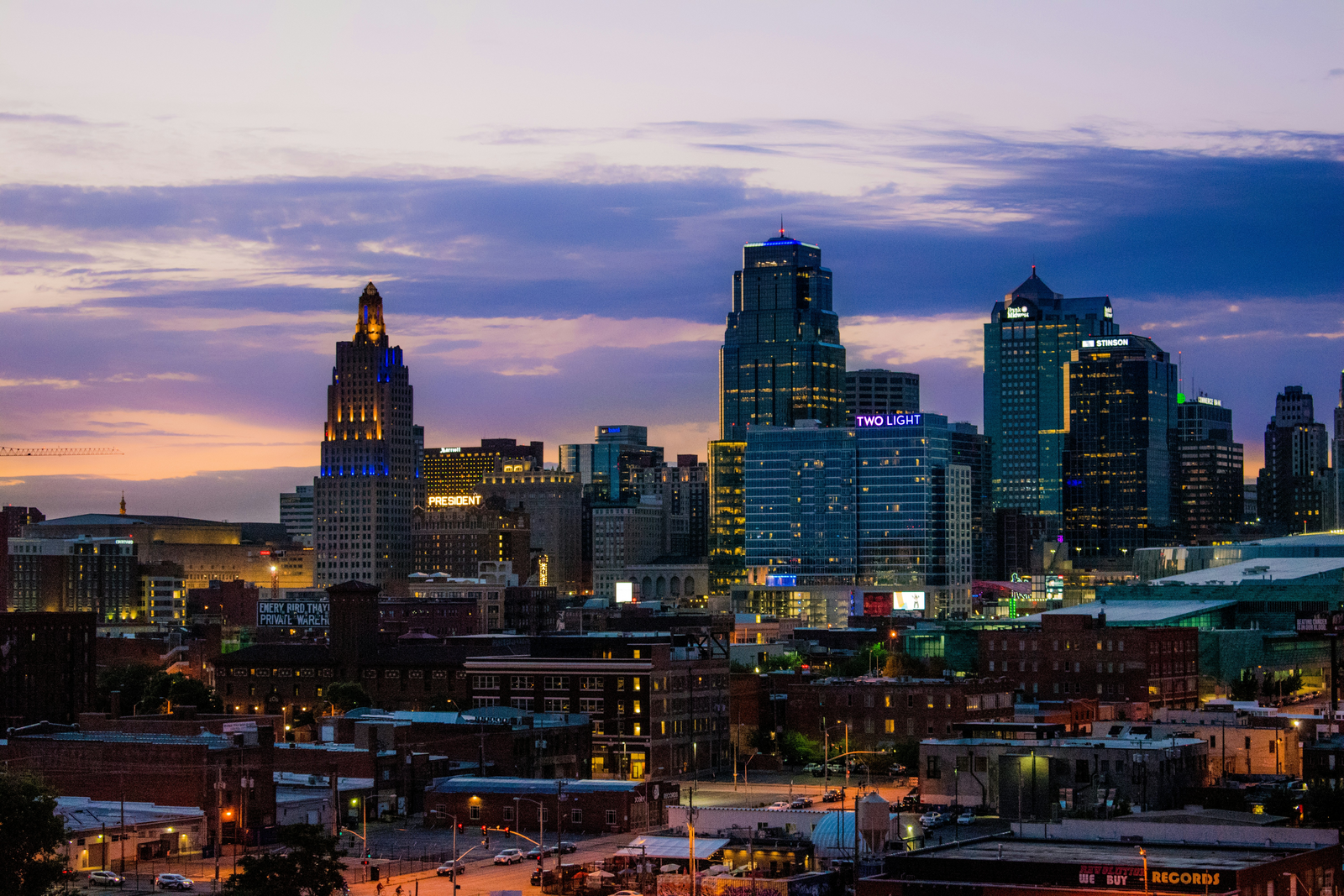 Kansas City Missouri downtown skyline at dusk