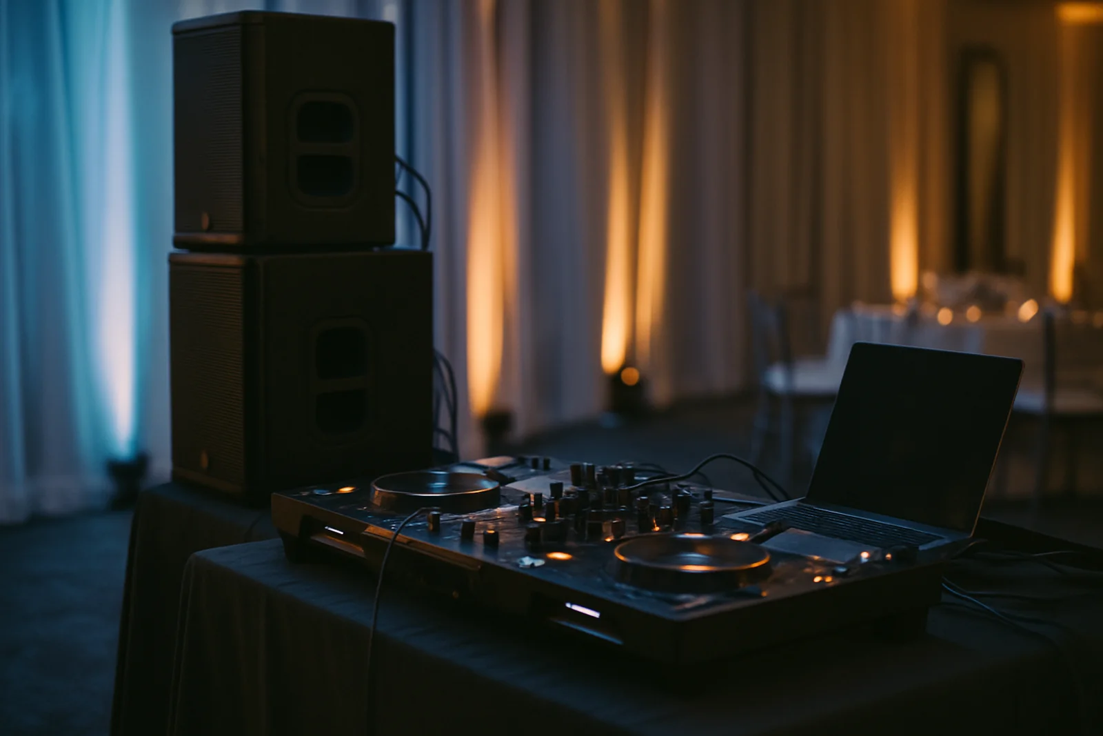 DJ booth setup with stacked speakers and glowing equipment lights