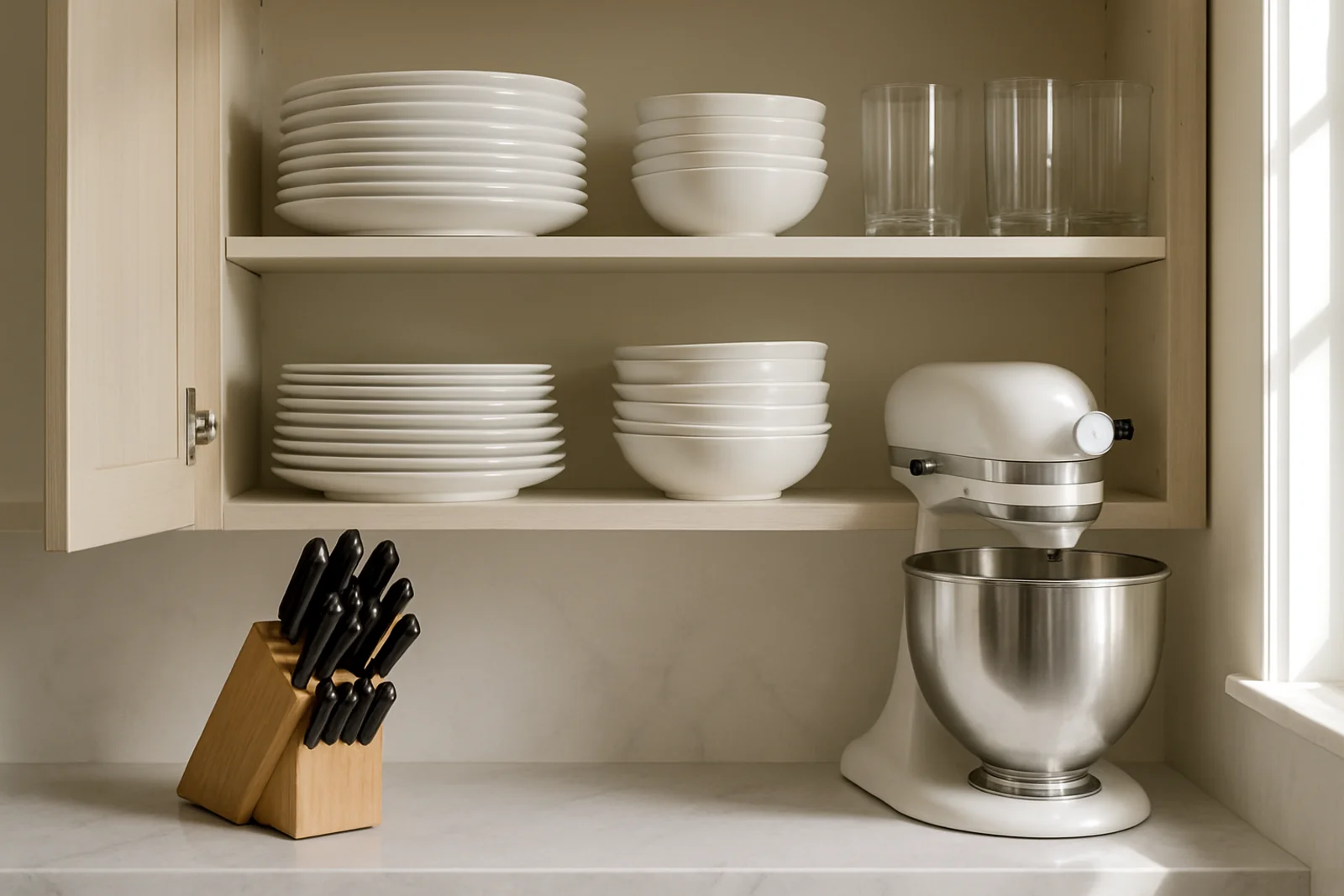 Open kitchen cabinet displaying stacked dinnerware, glassware, and a stand mixer