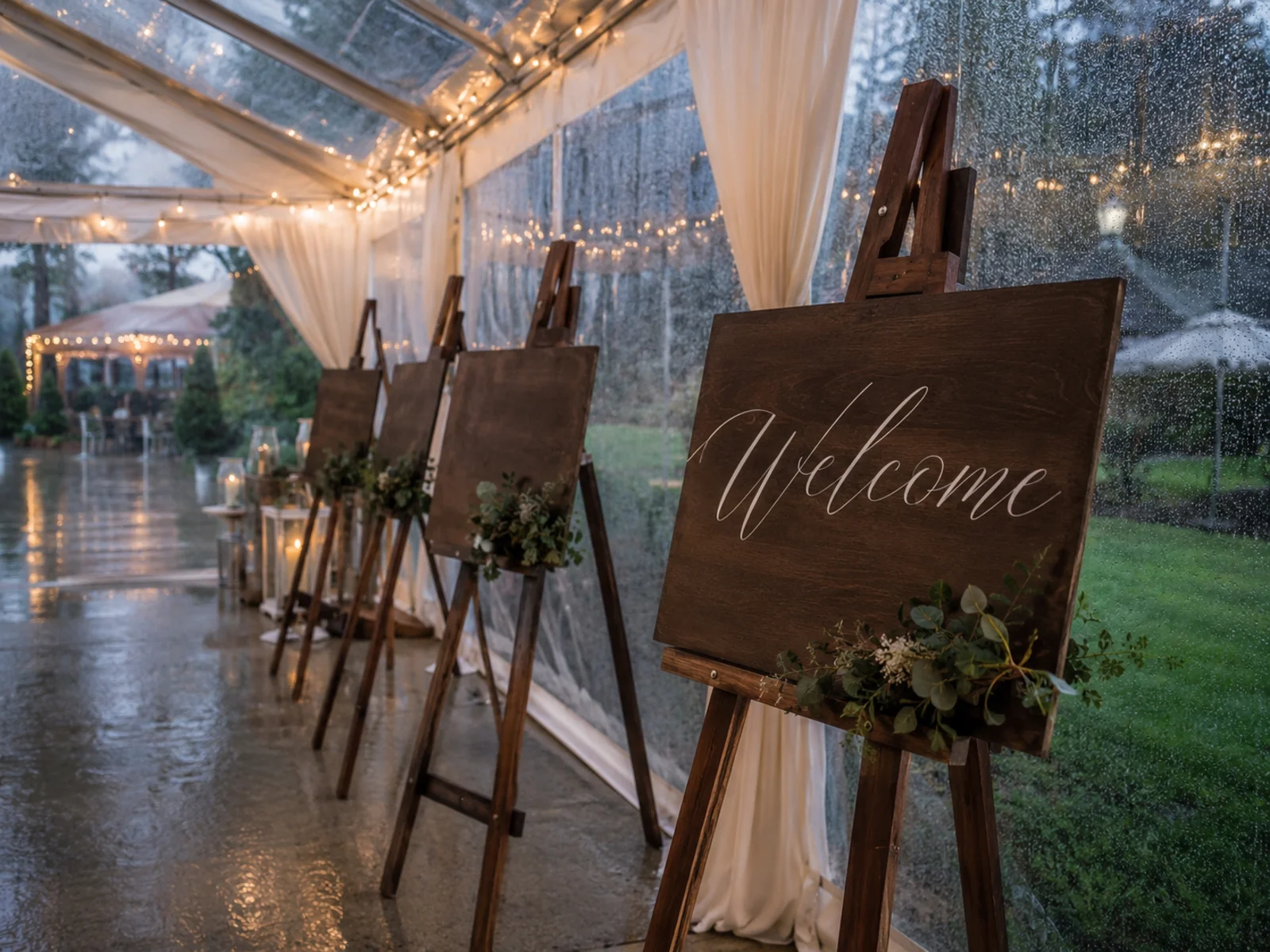 Row of finished wedding welcome signs on easels stored inside a tent entrance during rain