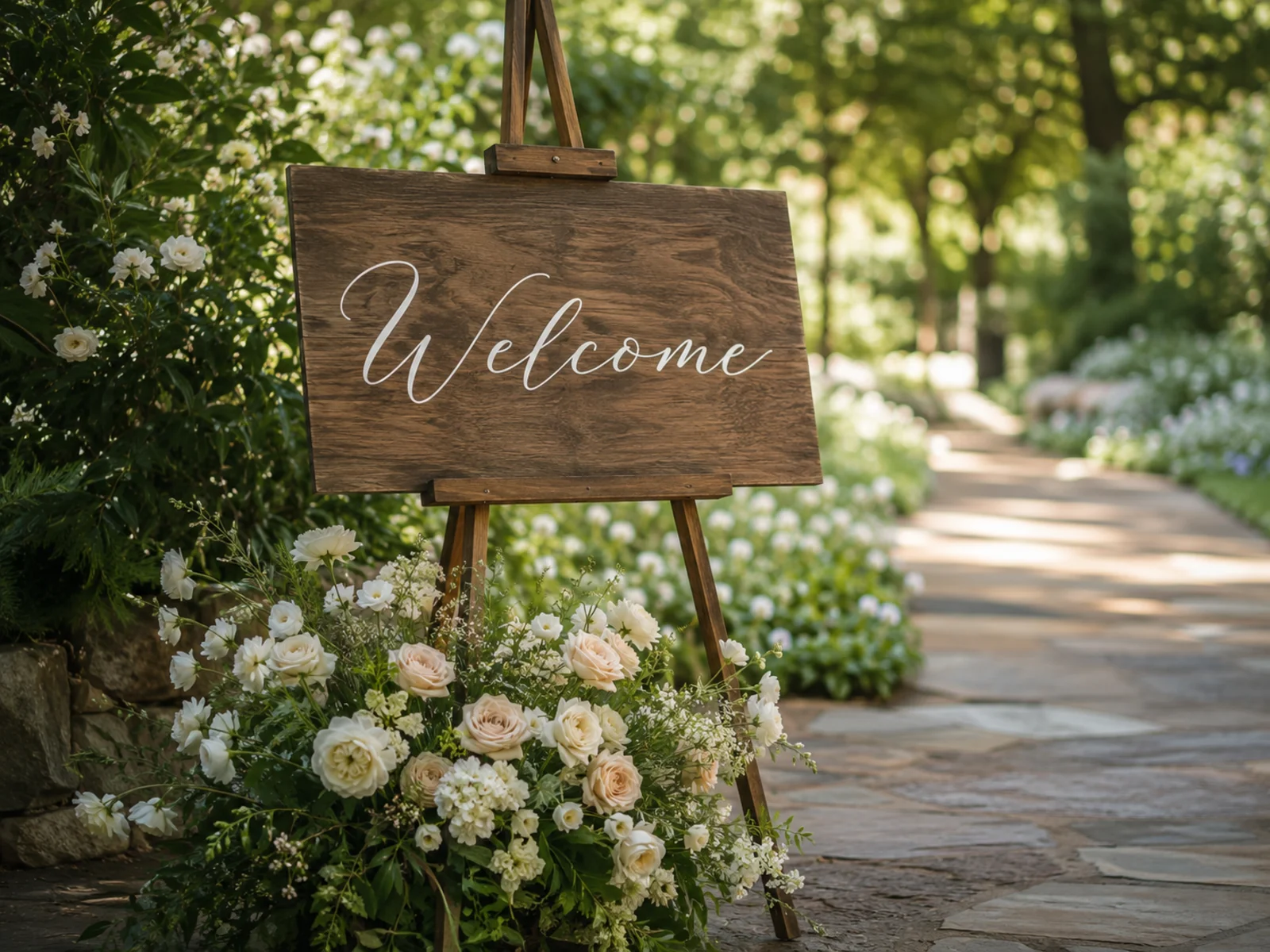 Wooden wedding welcome sign with elegant calligraphy on a floral-decorated easel
