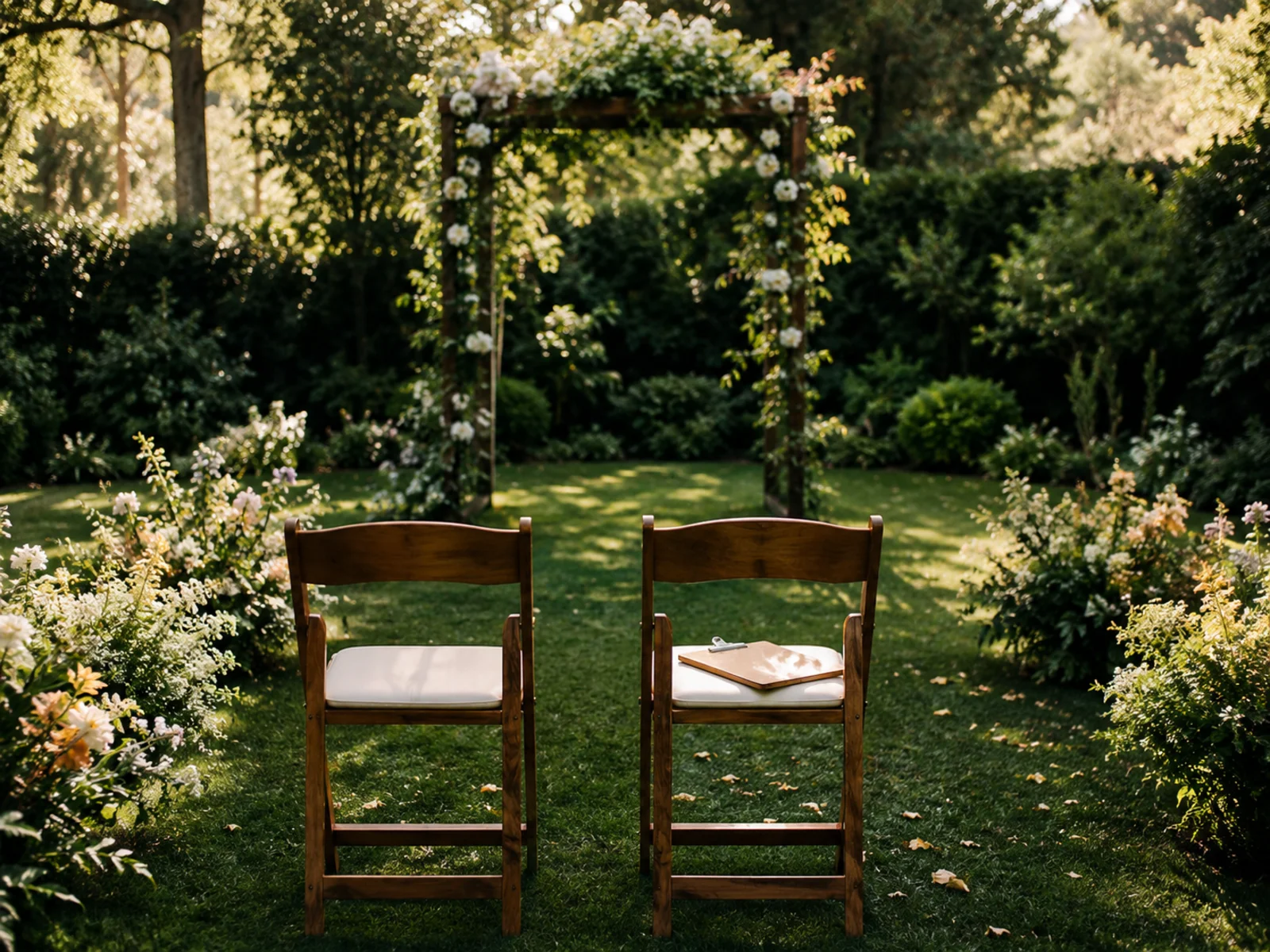 Two folding chairs facing an empty ceremony arch as if paused mid walkthrough